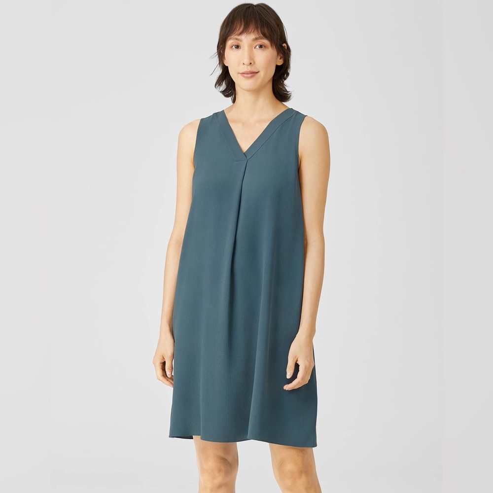 Eileen Fisher Silk Georgette Crepe Pleated V-Neck Dress • Size PP (0-2)
